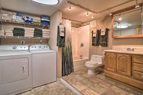 a bathroom with a washing machine and a sink at Peaceful Mountain-View Home - Walk to Kenai Lake! in Cooper Landing