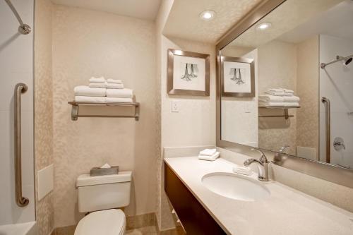 a bathroom with a sink and a toilet and a mirror at Holiday Inn Windsor - Ambassador Bridge, an IHG Hotel in Windsor