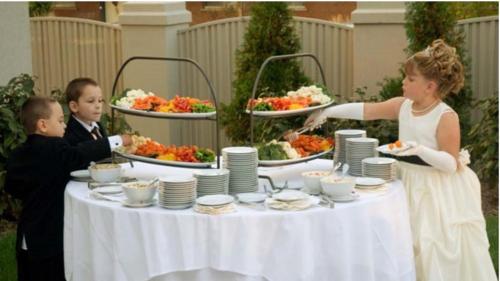 a bride and groom standing at a table with plates of food at Crowne Plaza Hotel Glen Ellyn/Lombard by IHG in Glen Ellyn