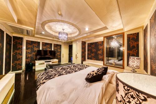 a bedroom with a large bed and a television at HOTEL Artia Ogaki (Adult Only) in Ogaki