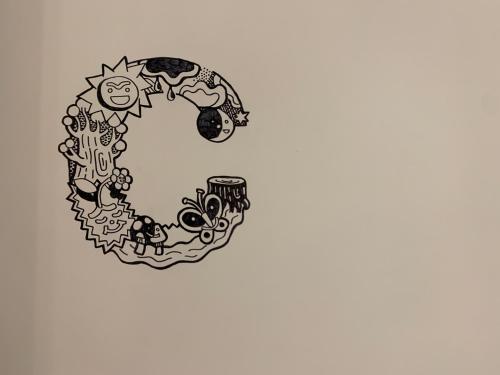 a sketch of a letter c in a doodle at Wontonmeen in Hong Kong