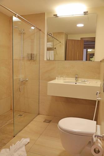 a bathroom with a toilet and a sink and a shower at Lacosta Hotel in Aqaba