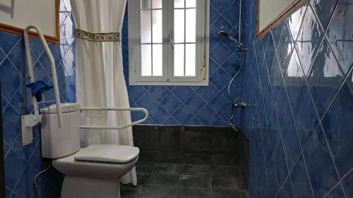 uma casa de banho em azulejos azuis com um WC e um chuveiro em Hotel Rural La Pedriza Original em Manzanares el Real