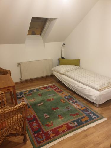 ein Schlafzimmer mit einem Bett und einem Teppich in einem Zimmer in der Unterkunft Apartment Stockerau in Stockerau