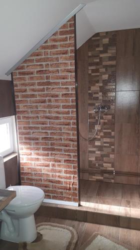 a bathroom with a toilet and a brick wall at Pensiunea Casa Godja in Văleni
