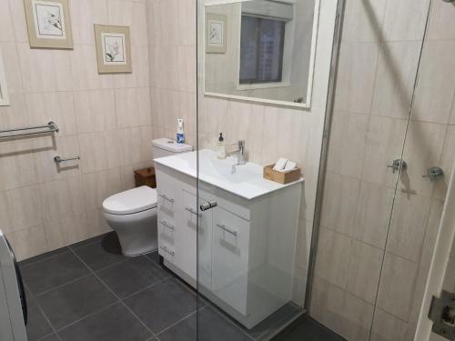 a bathroom with a toilet and a sink and a shower at Pleasant Hill BnB in Mount Gambier