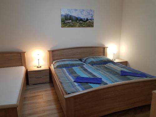 1 dormitorio con 1 cama con 2 lámparas en ambos lados en Apartmány Bystrá-Chopok, en Brezno