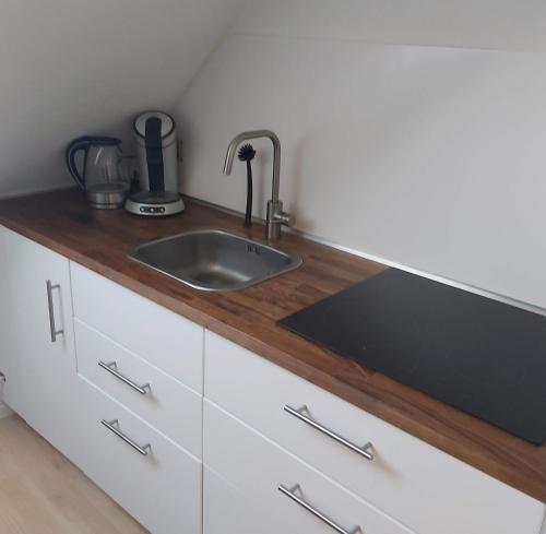 a kitchen with a sink and a wooden counter top at Top-Apartment in Isernhagen