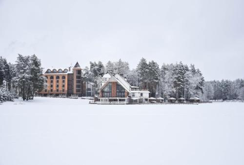 a house on a lake in the snow at Заміський комплекс "Пуща Лісна" in Moshchun