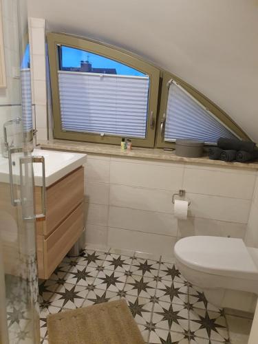 a bathroom with a toilet and a sink and a window at Ferienhaus Schütt in Zempin
