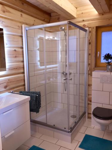 a bathroom with a glass shower in a cabin at Blockhaus Chalet mit beheizbarem Badefass und Infrarotsauna auf der Terrasse in Oberschützen
