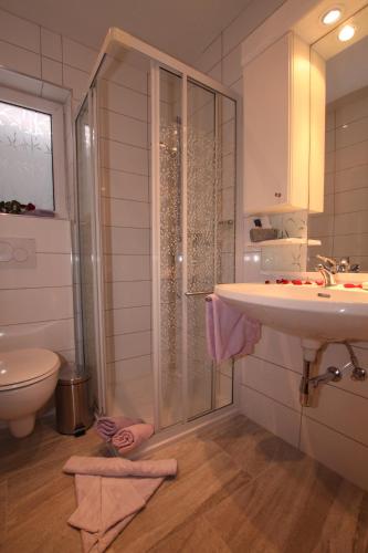 a bathroom with a shower and a sink and a toilet at Haus Ladner in See