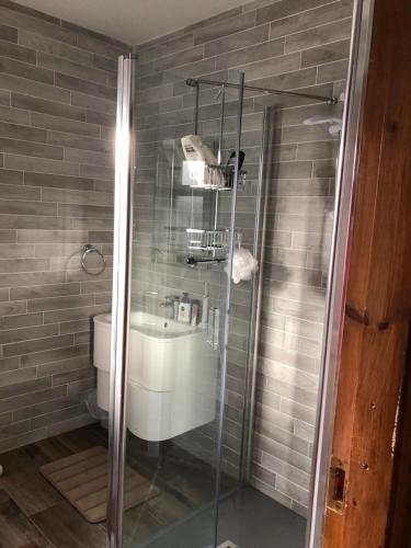 een badkamer met een glazen douche en een wastafel bij The Collins,Our View from The Top in Listowel
