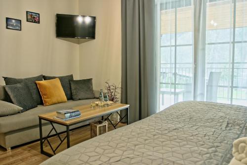 a living room with a bed and a couch at Apartamenty Magia Gór in Szczawnica