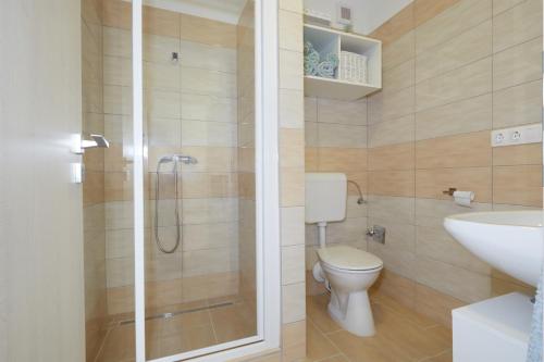 a bathroom with a shower and a toilet and a sink at Panorama Apartmanok in Villány