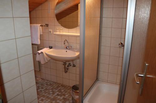 La salle de bains est pourvue d'un lavabo et d'une douche. dans l'établissement Pension Zöllner Garni, à Weismain
