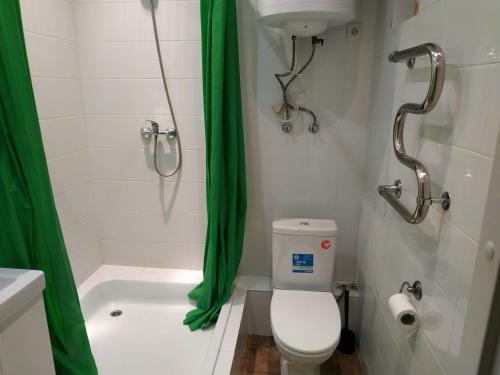a bathroom with a toilet and a shower with green curtains at Studio Friends in Vladimir