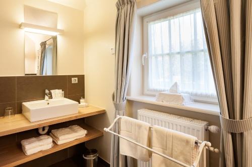 a bathroom with a sink and a window at Logies Noorderlicht in Damme