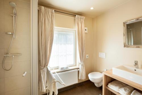 een badkamer met een toilet, een wastafel en een raam bij Logies Noorderlicht in Damme