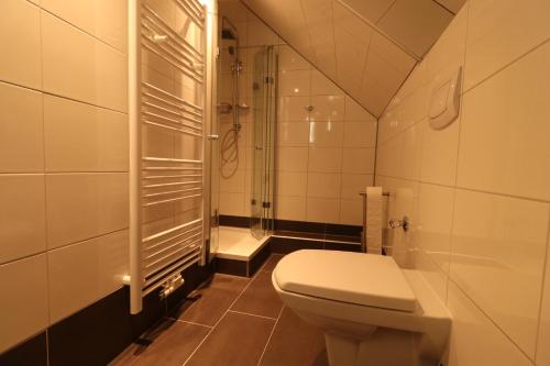 a small bathroom with a toilet and a shower at Schiller Pension in Bielefeld