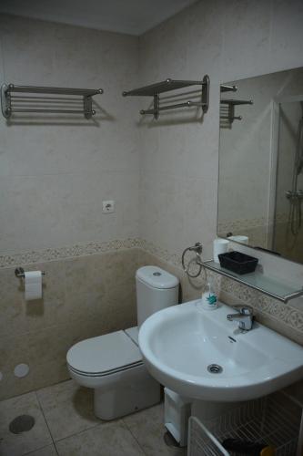 a bathroom with a sink and a toilet and a mirror at Arenales Beach in Arenales del Sol