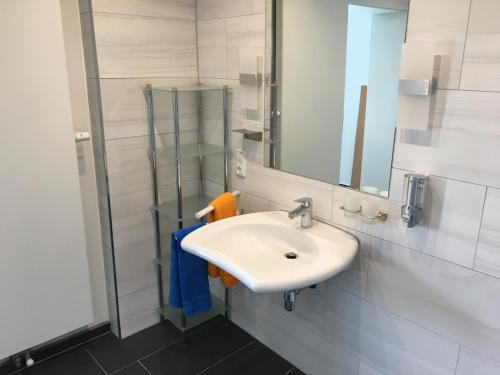 a bathroom with a sink and a mirror at Ferienwohnung Rinteln - 4 Sterne - Im Kleinen Löök - 55 qm - 2 x TV - Terrasse - max 2 Erw und 1 Kind - Barrierearm TOP in Rinteln