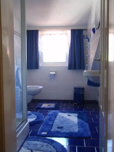 a bathroom with blue rugs on the floor and a window at sonnberg in Ischgl