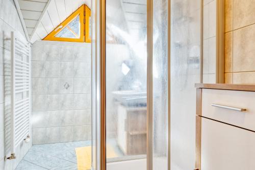 una doccia con porta in vetro in bagno di Appartment Stiegler a Haus im Ennstal