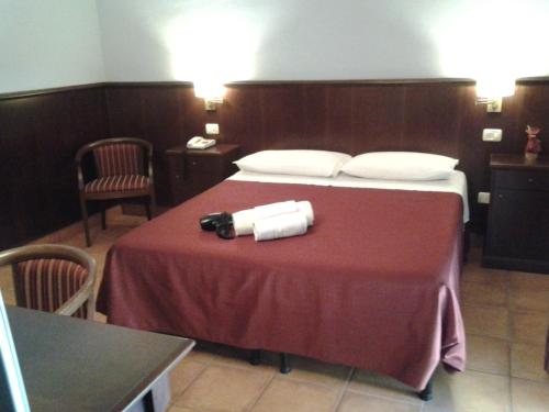 a hotel room with a bed with a table with a camera on it at Casale Maginulfo in Roccamandolfi