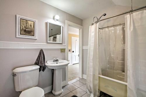 a bathroom with a toilet and a sink and a shower at Historic Wabasha Home with Patio in Downtown! in Wabasha