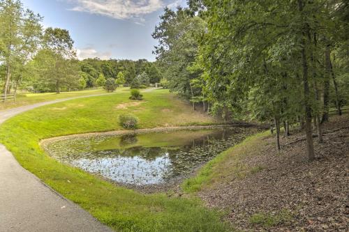 a pond in a park with trees and a road at Creekside Berkeley Springs Cabin on 35 Acres! in Berkeley Springs