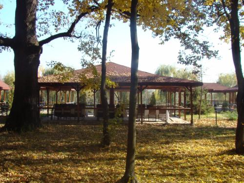 Hotel Popasul Iancului في Corbii Mari: شرفة في حديقة مع الأشجار