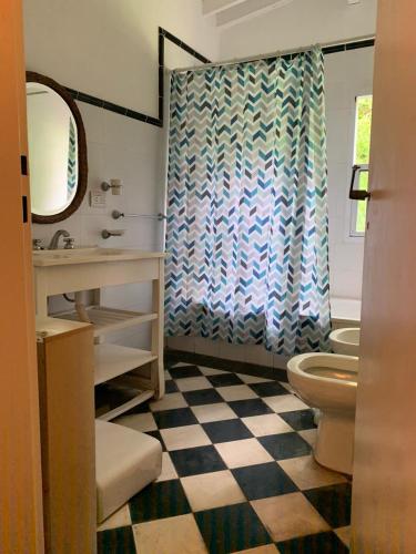 a bathroom with a toilet and a shower curtain at Cabaña Isla Paihuen in Tigre