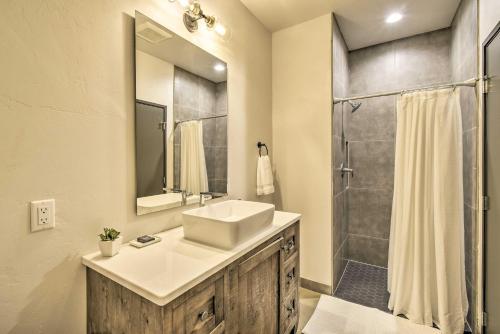 a bathroom with a sink and a shower at Elkhart Lake Townhome - 20 Mi to Sheboygan! in Elkhart Lake