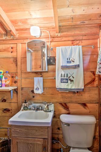 a bathroom with a sink and a toilet and a mirror at Rustic Hayward Cabin With Spider Lake Access! in Seeley