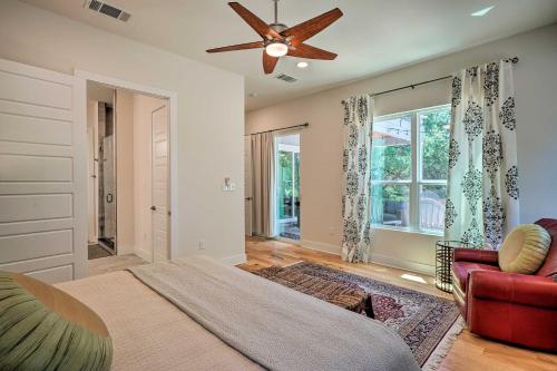 a bedroom with a bed and a ceiling fan at Walk to Lake Austin Spacious Getaway with Patio in Austin