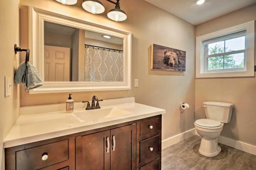 a bathroom with a sink and a toilet and a mirror at Benezette Cabin with Hot Tub, Grill and Mtn Views in Benezette