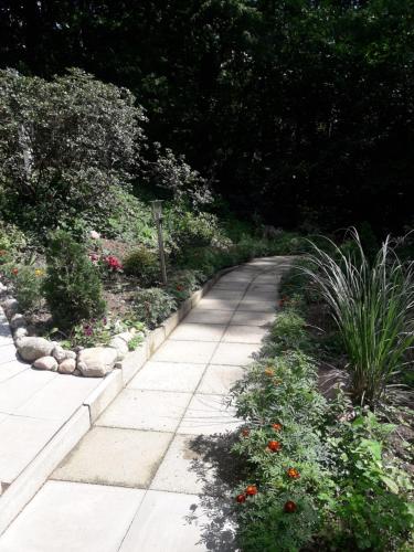 a garden path with flowers and plants at Waldhütte am See in Klingberg