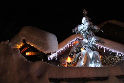 a christmas tree covered in lights in front of a house at Auberge NEMOZ in La Ferrière