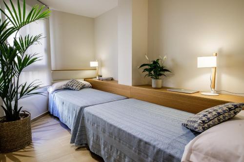 una camera d'albergo con due letti e una pianta in vaso di Suites Castellón a Castellón de la Plana