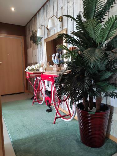 Una bicicleta roja en una habitación con una planta en Wherry Green Guest House (PRAIA DA BARRA)❤️, en Praia da Barra