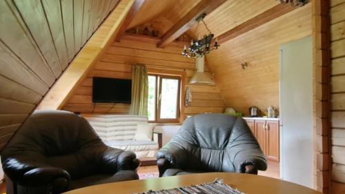 a living room with two leather chairs and a couch at Вілла Лісова комфорт in Skhidnitsa