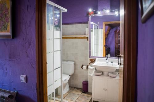 Baño púrpura con lavabo y aseo en Lo Racó de Peret, en Camarles