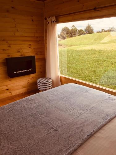 a bedroom with a large window in a log cabin at HOBU MONTAÑA in La Calera