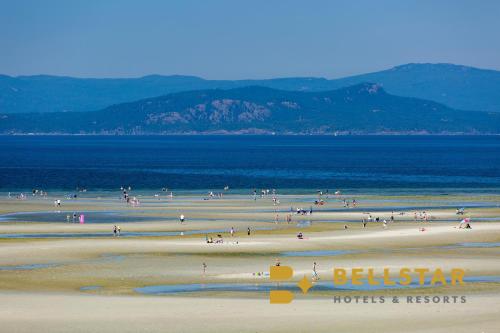 a group of people on a beach near the water at The Beach Club Resort — Bellstar Hotels & Resorts in Parksville