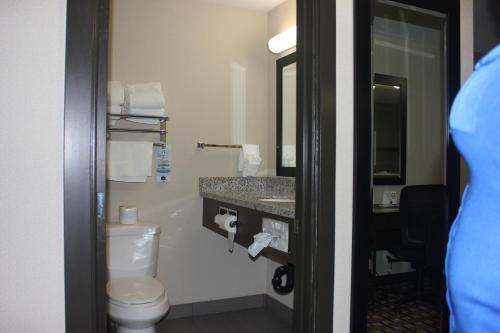 a hotel bathroom with a toilet and a sink at Western Star Inn & Suites Esterhazy in Esterhazy