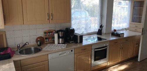 a kitchen with a sink and a counter top at Ferienwohnung Quednau in Grafenau