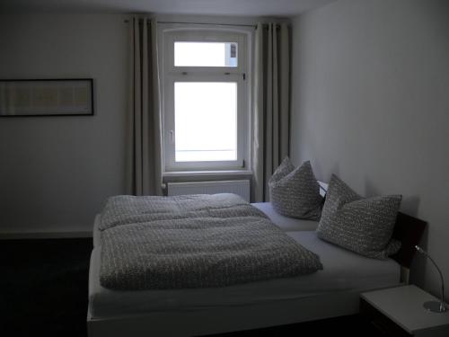 a bedroom with a bed with pillows and a window at Ferienwohnung Speyer in Speyer