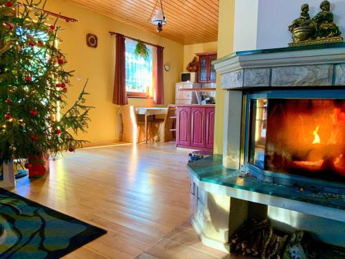 a living room with a christmas tree and a fireplace at Dom CROCUS z ogrodem w Parku Krajobrazowym in Brenna