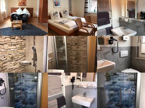 un collage di foto di un bagno e di una camera d'albergo di Wein- und Gästehaus M. Bai a Mesenich